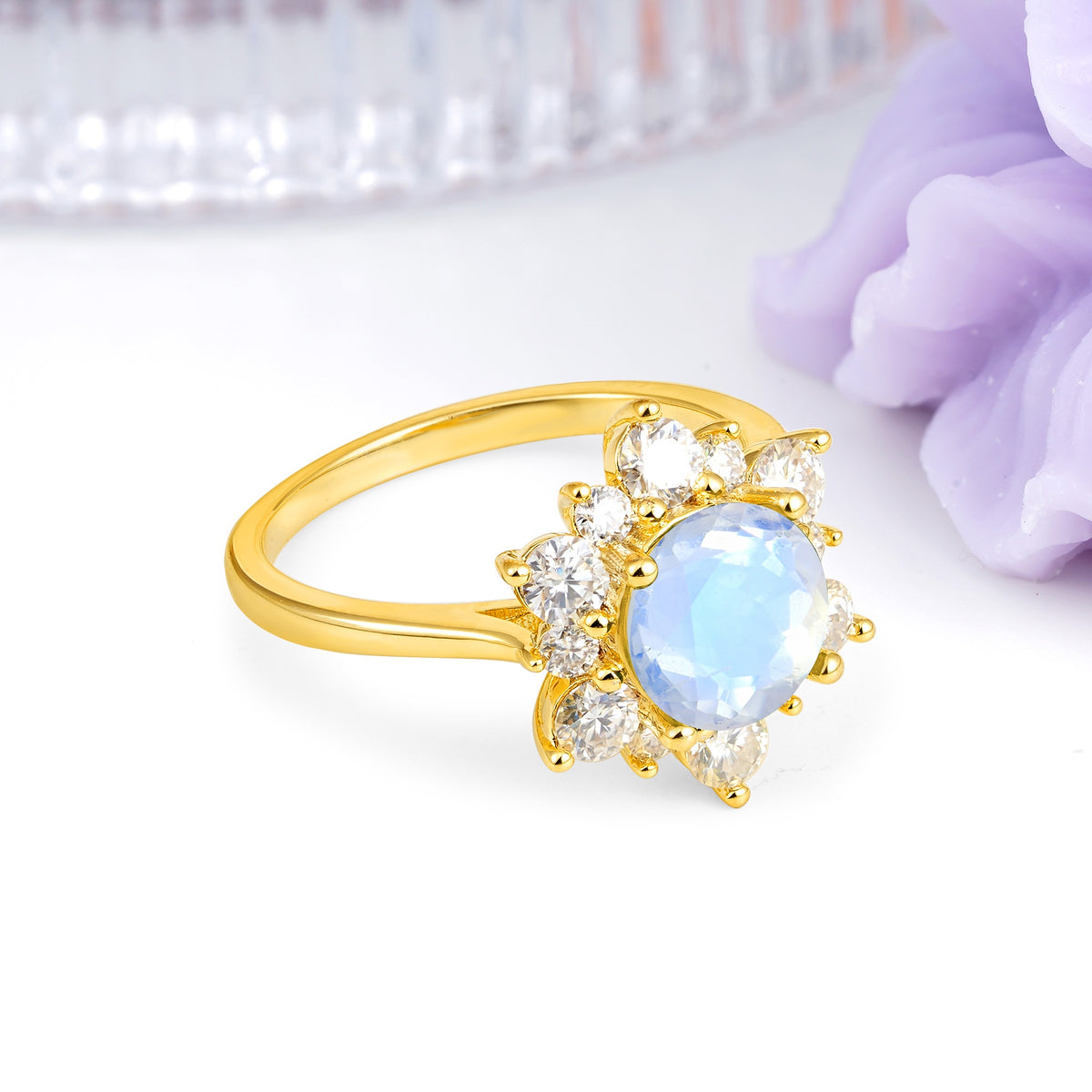 Luxurious Flower-Shaped 12-Prong Round Cut Moonstone Engagement Ring - Additional view