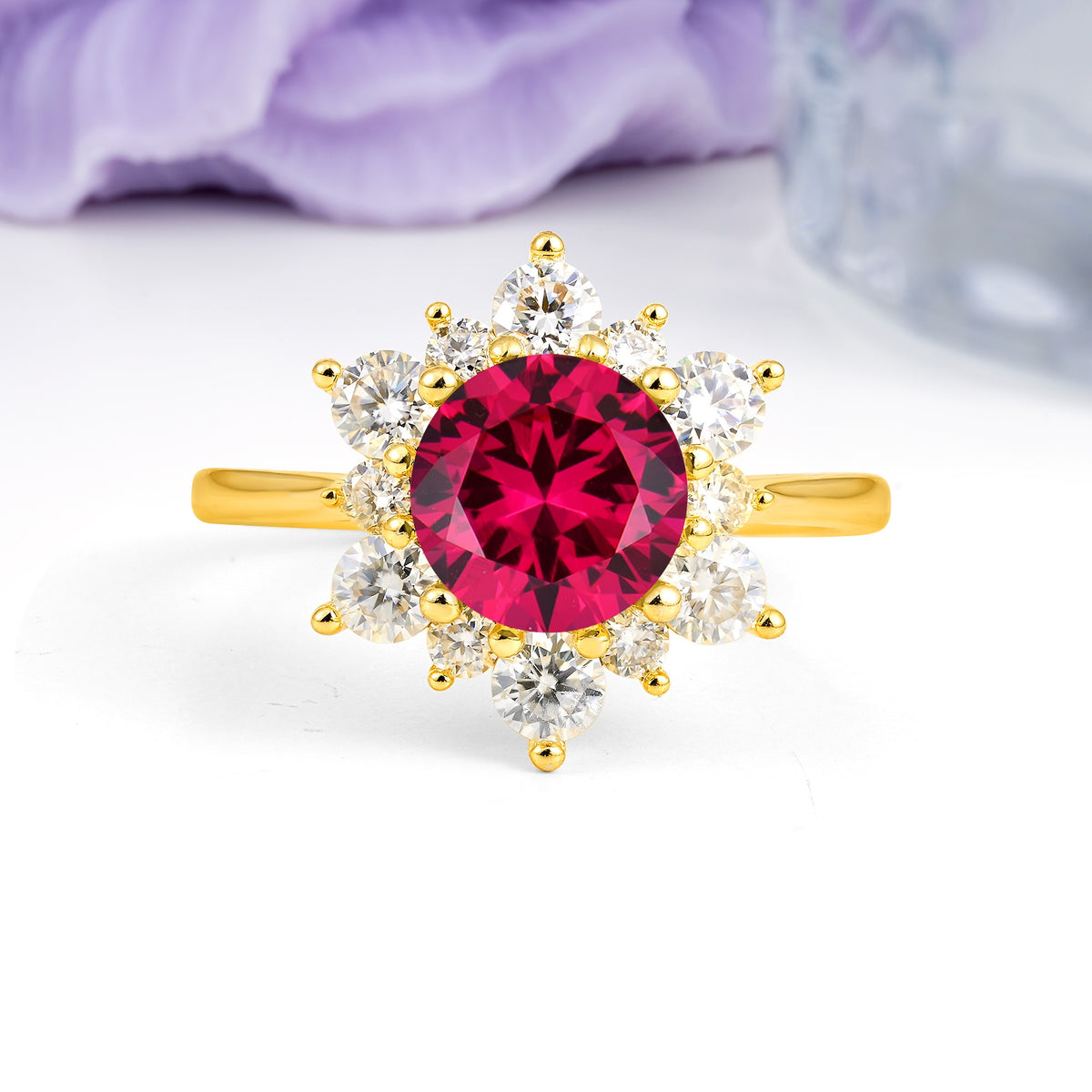 Luxurious Flower-Shaped 12-Prong Round Cut Ruby Engagement Ring - Additional view