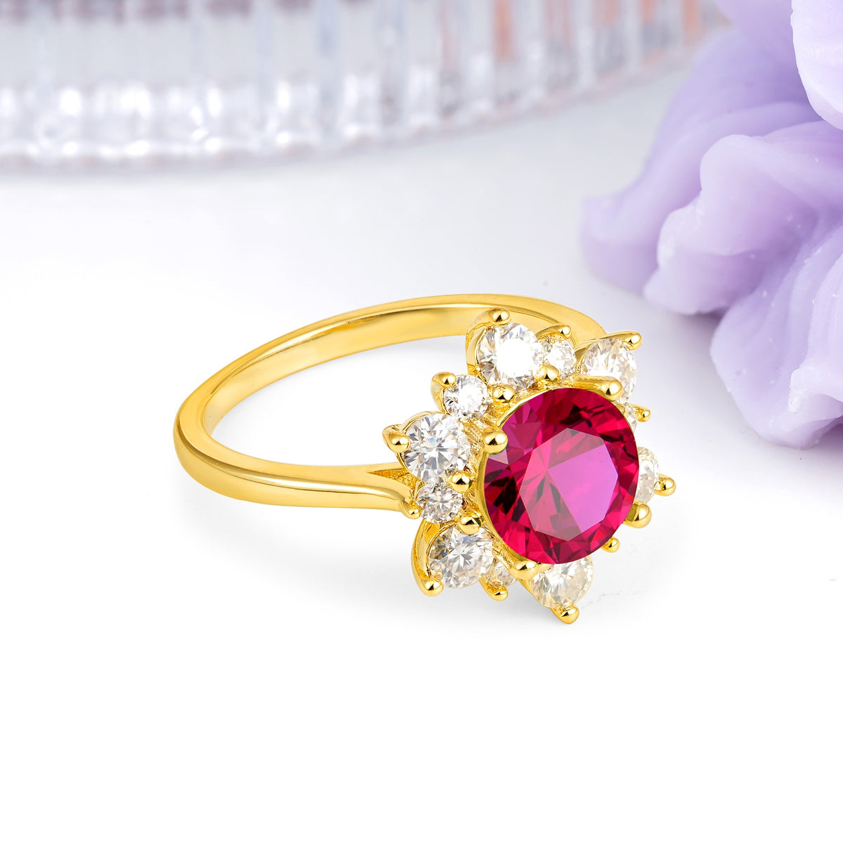 Luxurious Flower-Shaped 12-Prong Round Cut Ruby Engagement Ring - Additional view