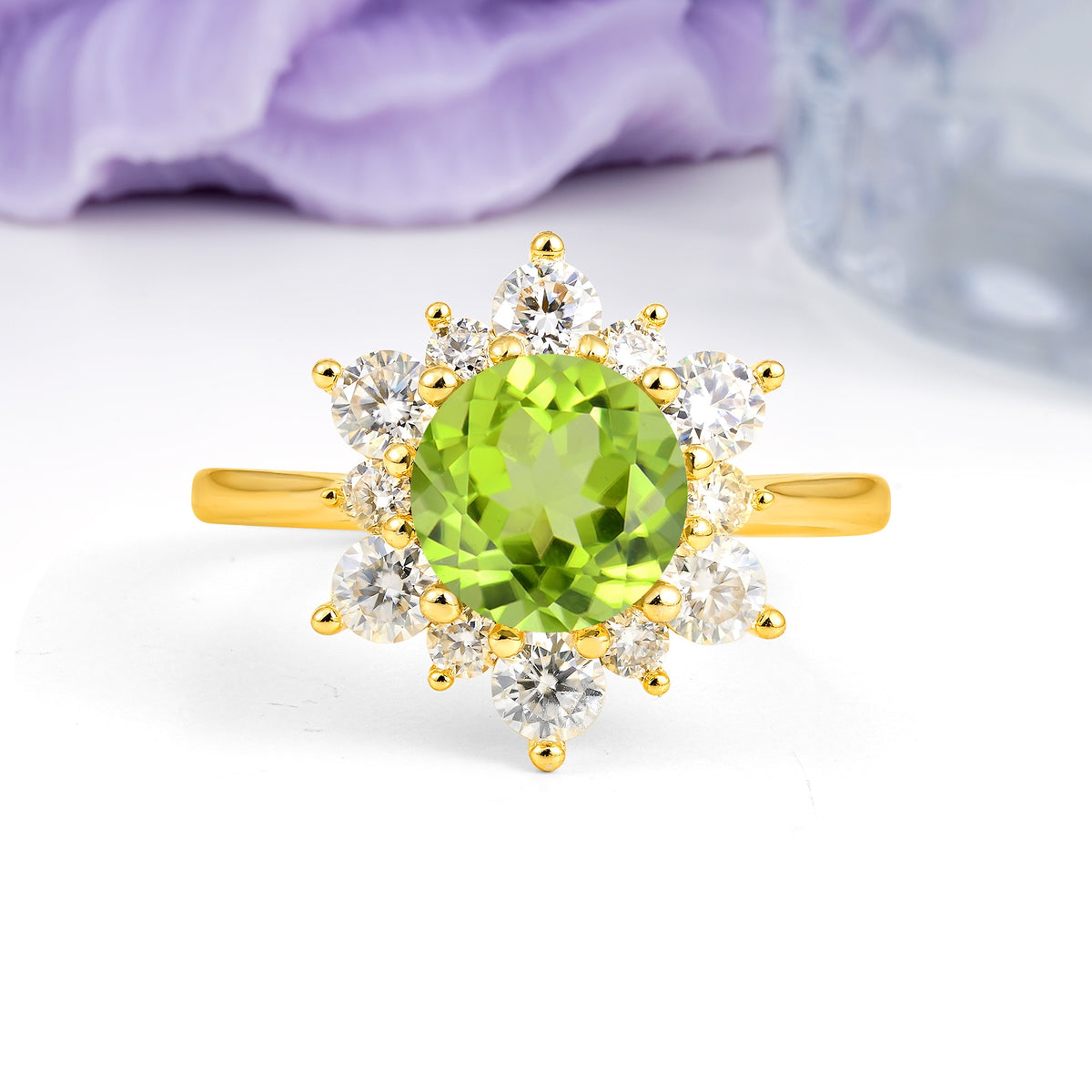 Luxurious Flower-Shaped 12-Prong Round Cut Peridot Engagement Ring - Additional view