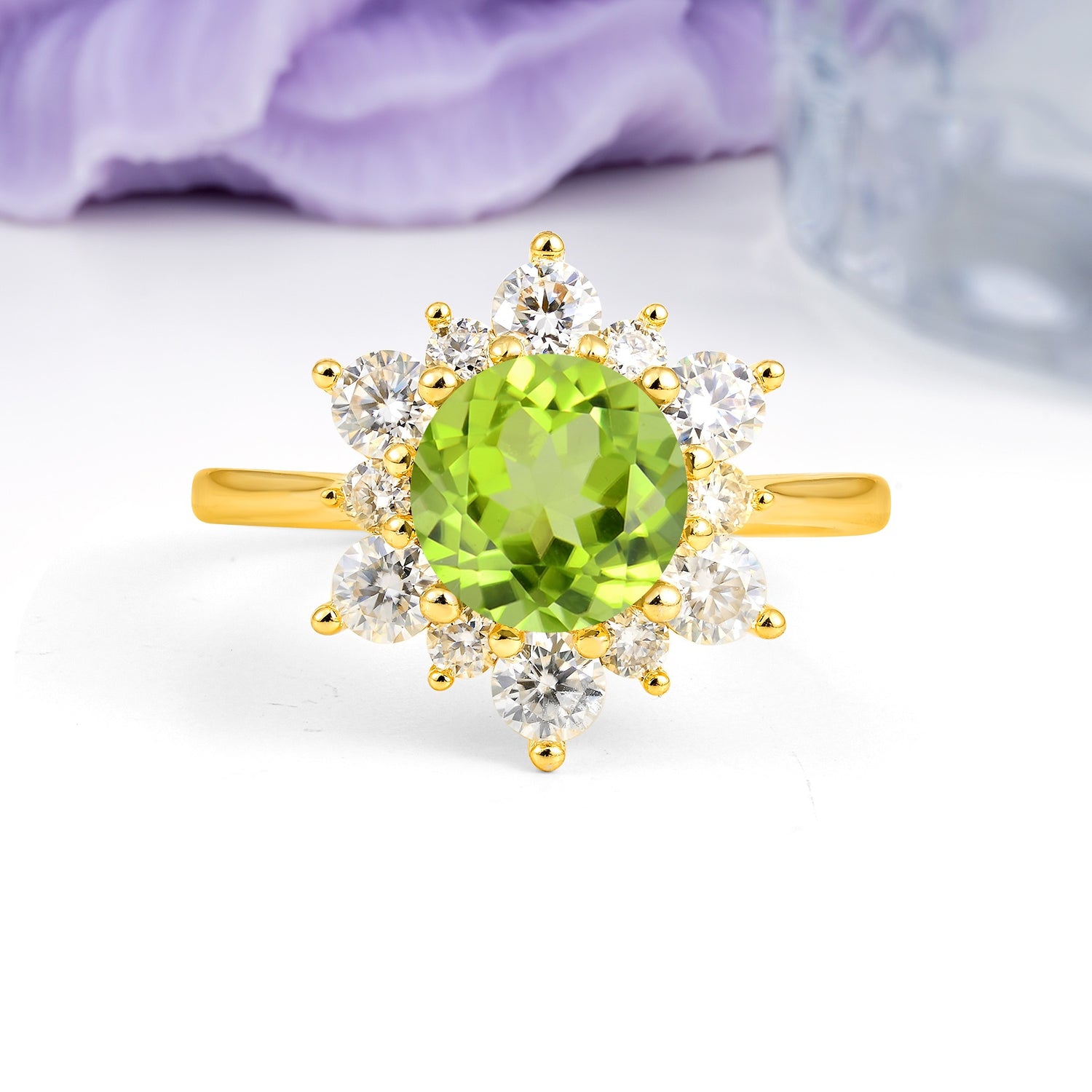 Luxurious Flower-Shaped 12-Prong Round Cut Peridot Engagement Ring - Additional view