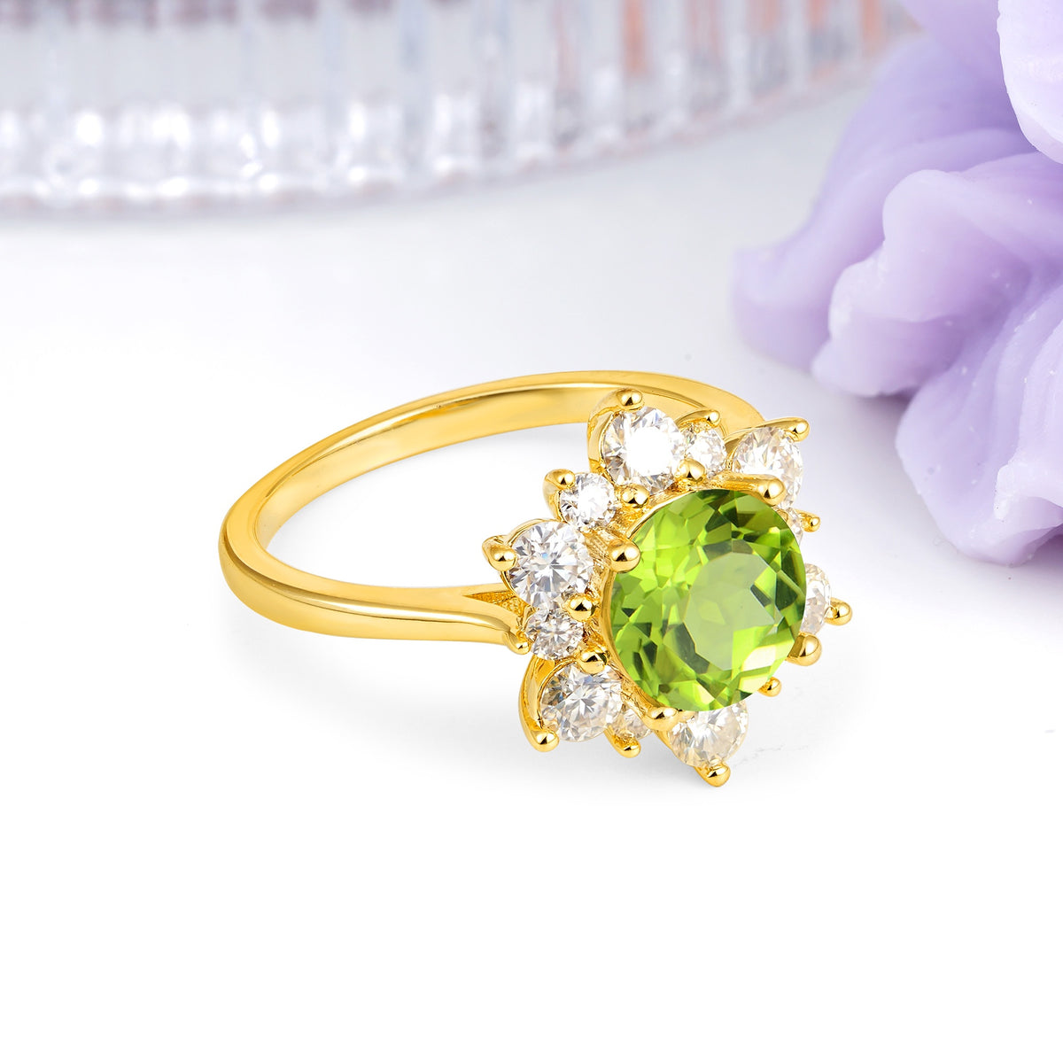 Luxurious Flower-Shaped 12-Prong Round Cut Peridot Engagement Ring - Additional view