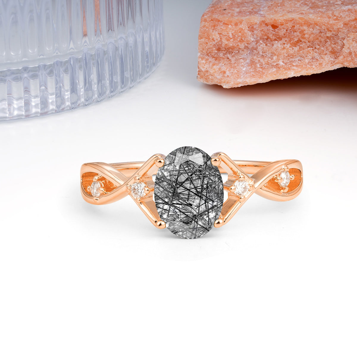 Classic Twisted Luxury 4-Prong Oval Cut Black Rutilated Quartz Engagement Ring - Additional view