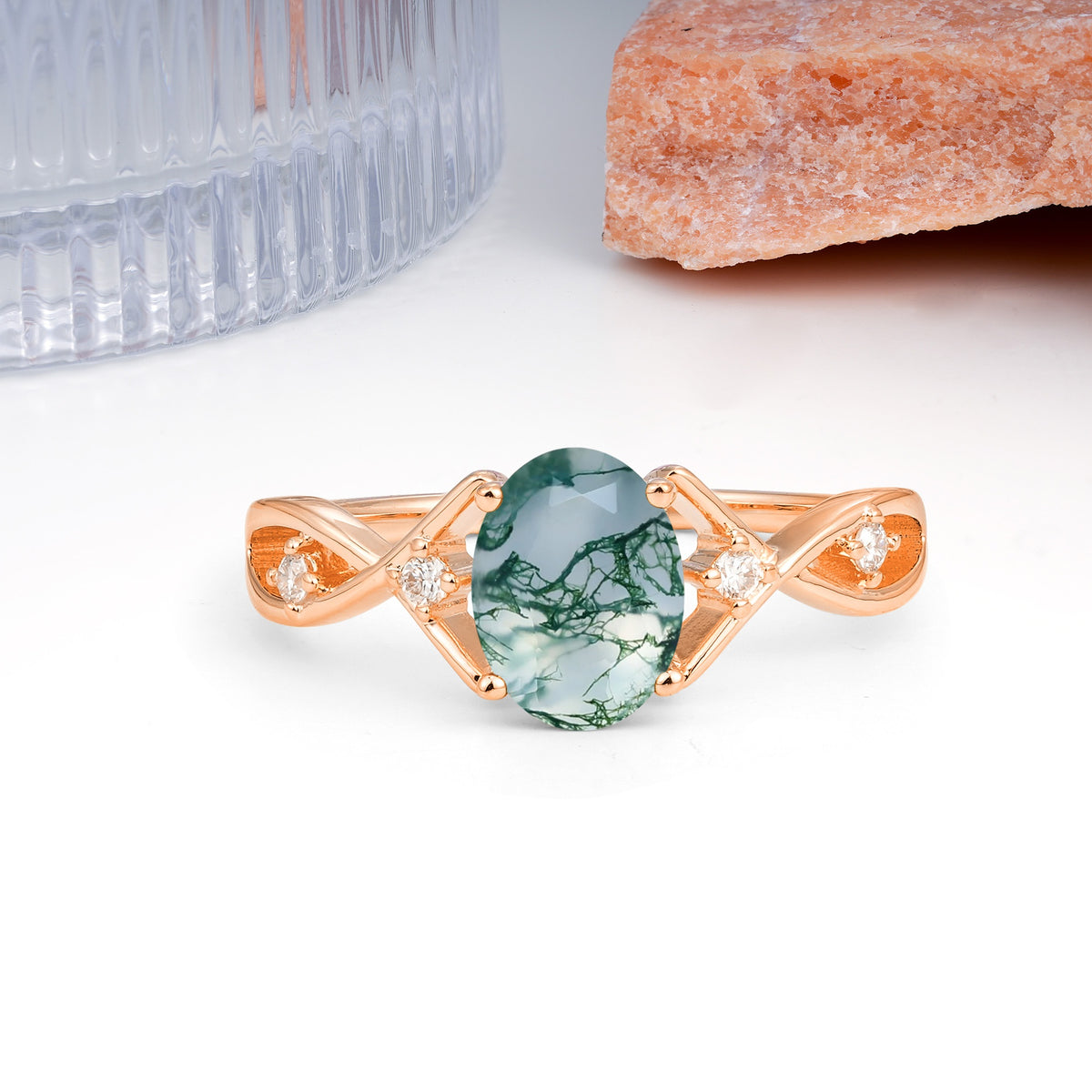 Classic Twisted Luxury 4-Prong Oval Cut Moss Agate Engagement Ring - Additional view