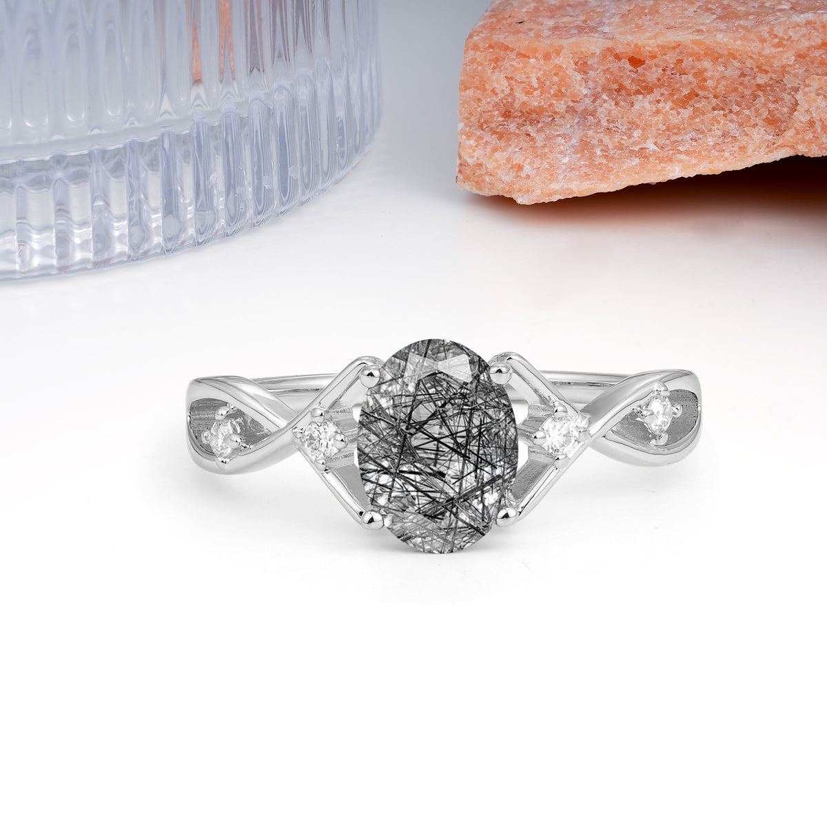 Classic Twisted Luxury 4-Prong Oval Cut Black Rutilated Quartz Engagement Ring - Additional view
