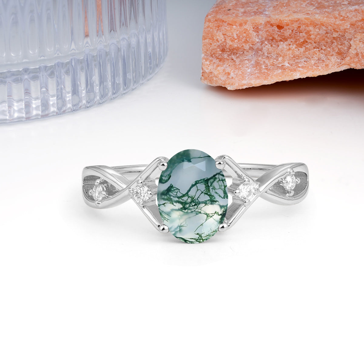 Classic Twisted Luxury 4-Prong Oval Cut Moss Agate Engagement Ring - Additional view