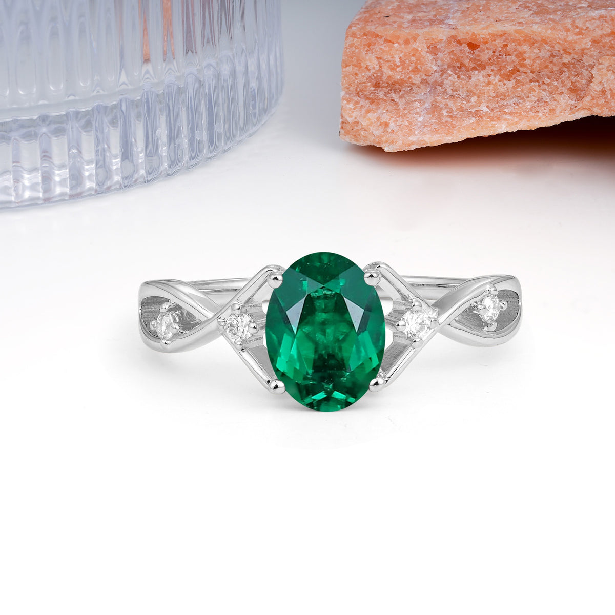 Classic Twisted Luxury 4-Prong Oval Cut Emerald Engagement Ring - Additional view