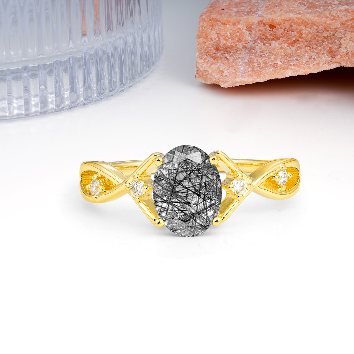 Classic Twisted Luxury 4-Prong Oval Cut Black Rutilated Quartz Engagement Ring - Additional view