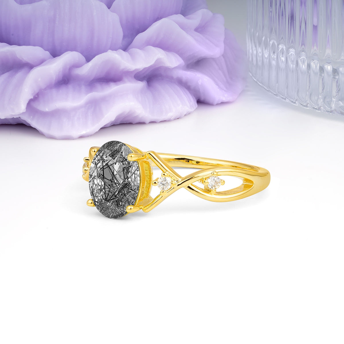 Classic Twisted Luxury 4-Prong Oval Cut Black Rutilated Quartz Engagement Ring - Additional view