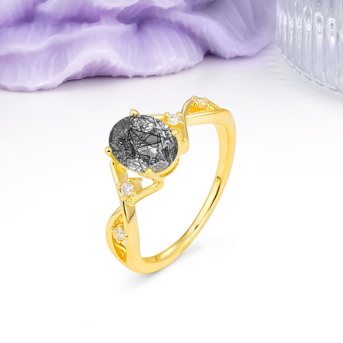 Classic Twisted Luxury 4-Prong Oval Cut Black Rutilated Quartz Engagement Ring - Additional view