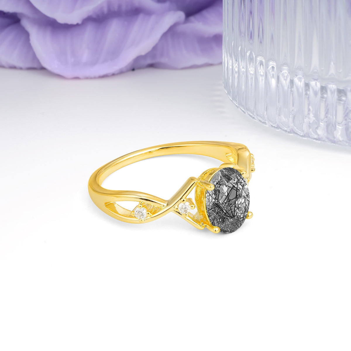 Classic Twisted Luxury 4-Prong Oval Cut Black Rutilated Quartz Engagement Ring - Additional view