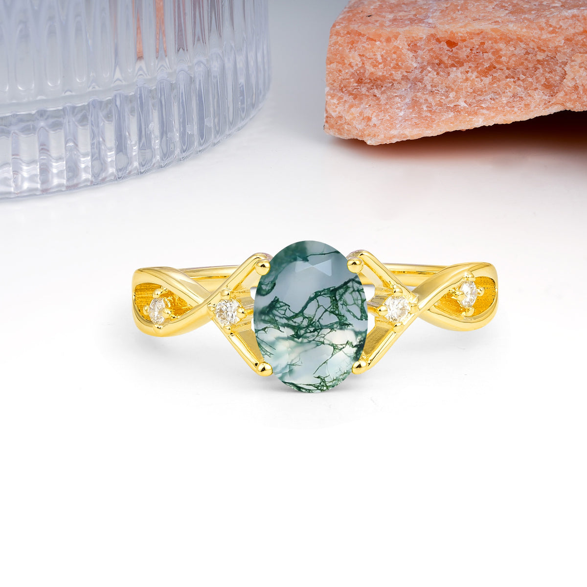 Classic Twisted Luxury 4-Prong Oval Cut Moss Agate Engagement Ring - Additional view