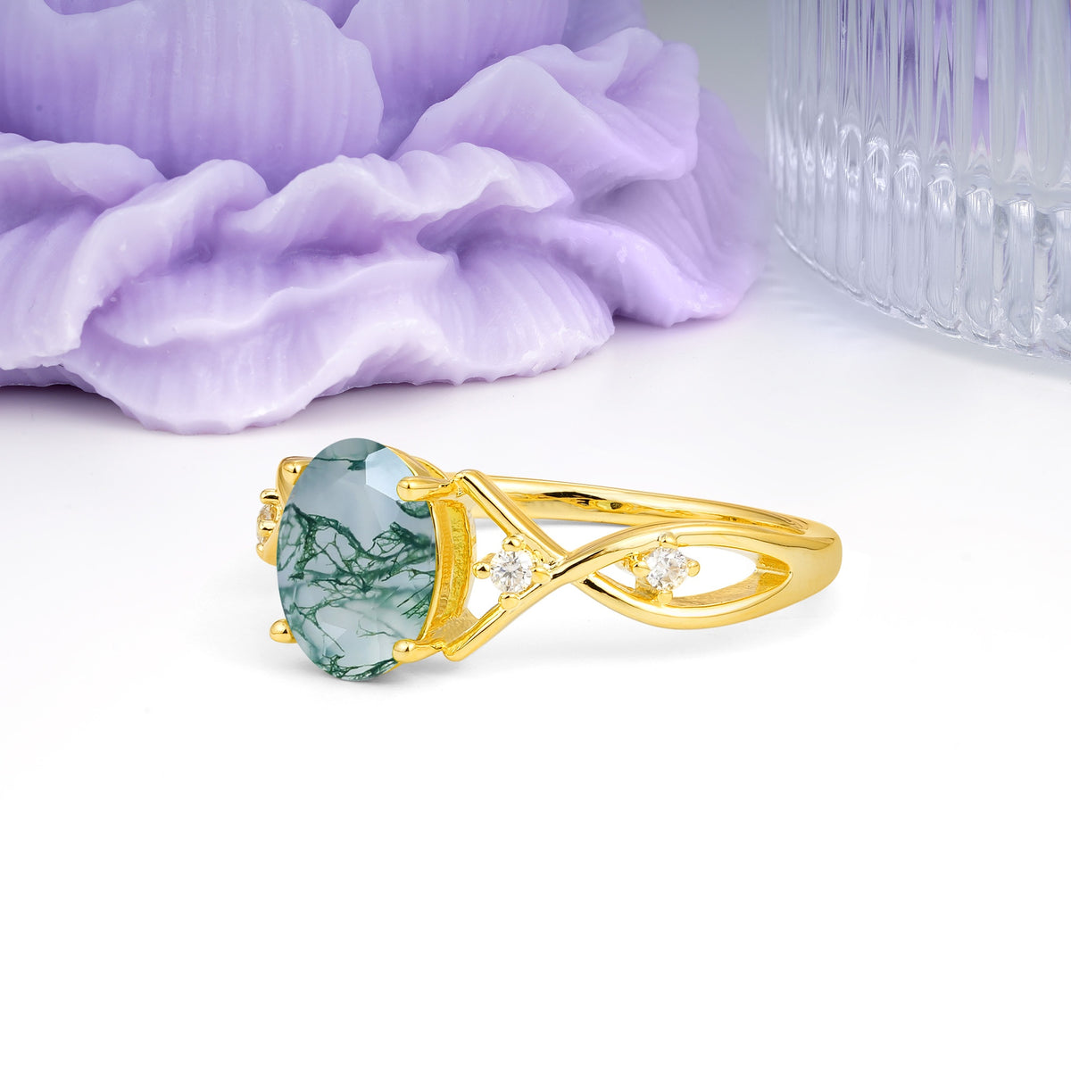 Classic Twisted Luxury 4-Prong Oval Cut Moss Agate Engagement Ring - Additional view