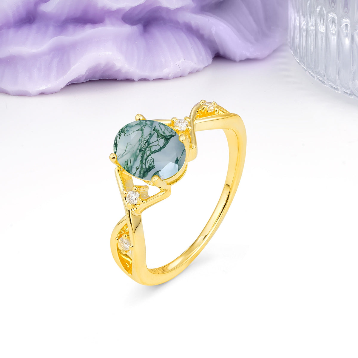 Classic Twisted Luxury 4-Prong Oval Cut Moss Agate Engagement Ring - Additional view
