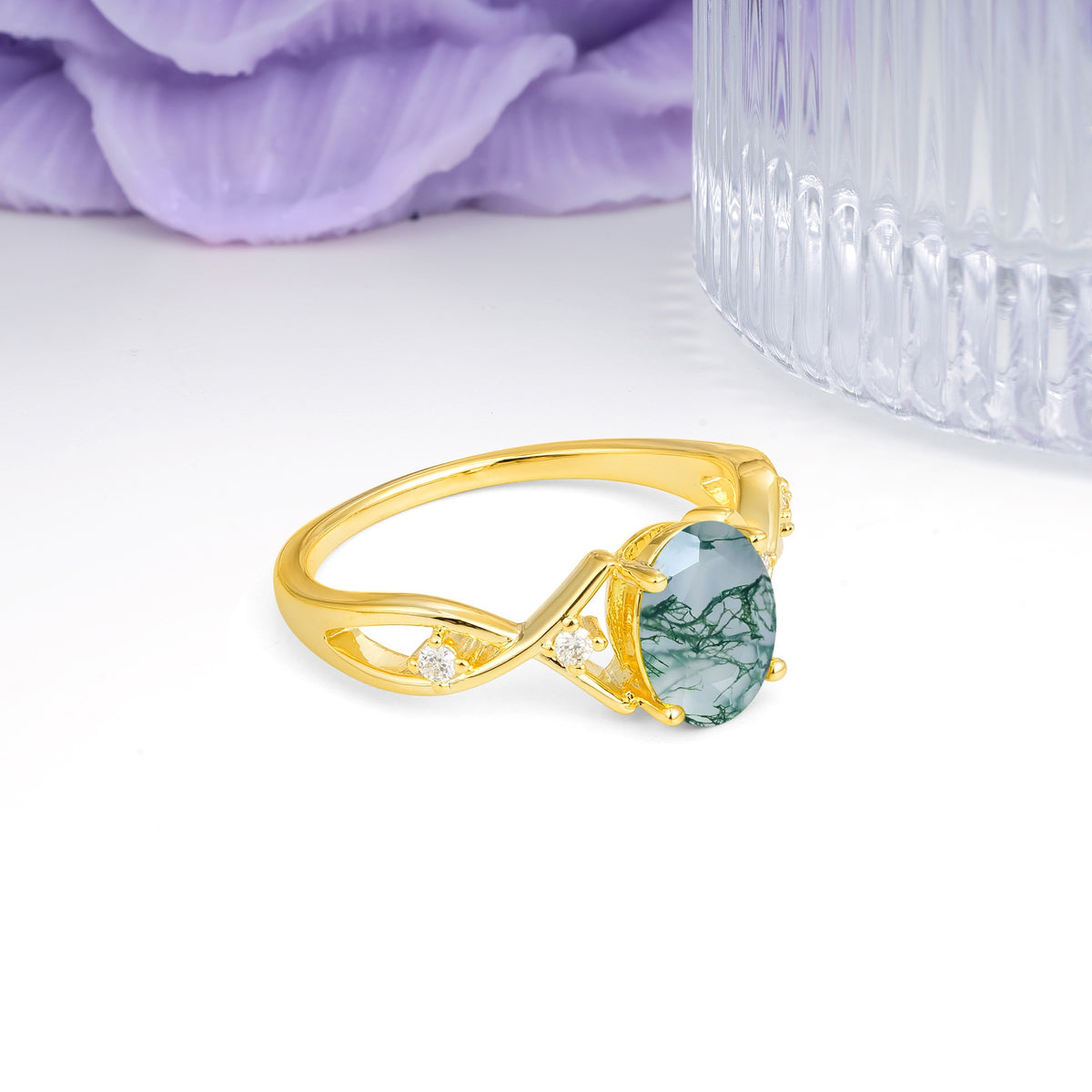 Classic Twisted Luxury 4-Prong Oval Cut Moss Agate Engagement Ring - Additional view