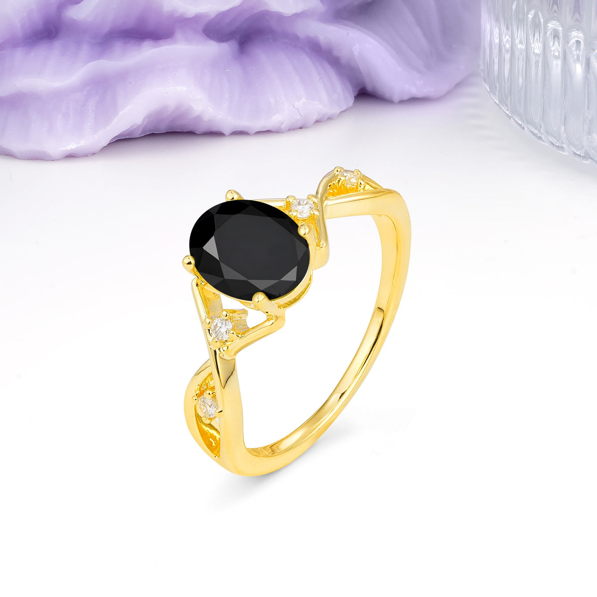 Classic Twisted Luxury 4-Prong Oval Cut Black Onyx Engagement Ring - Additional view
