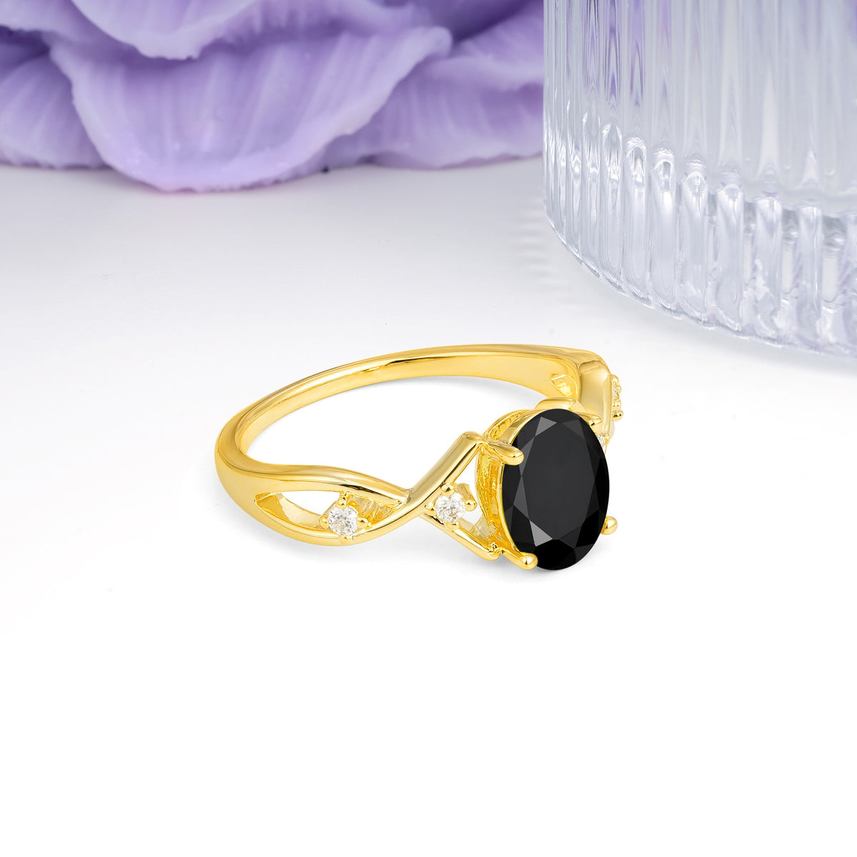 Classic Twisted Luxury 4-Prong Oval Cut Black Onyx Engagement Ring - Additional view