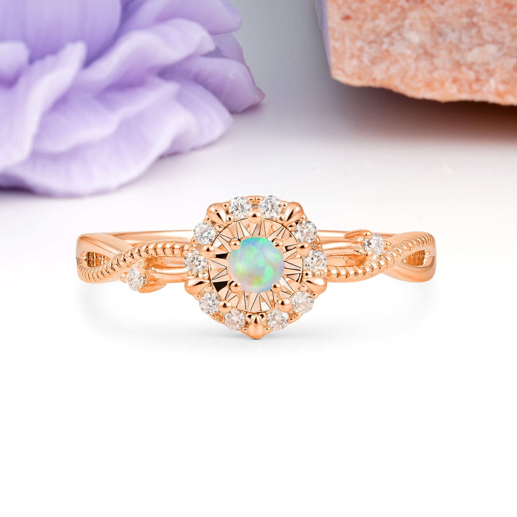 Unique, Luxurious, Twisted 4-Prong Round Cut Fire Opal Engagement Ring - Additional view