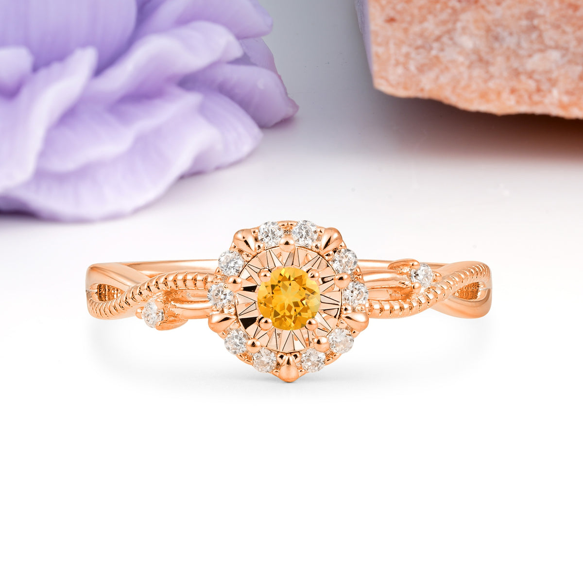Unique, Luxurious, Twisted 4-Prong Round Cut Citrine Engagement Ring - Additional view