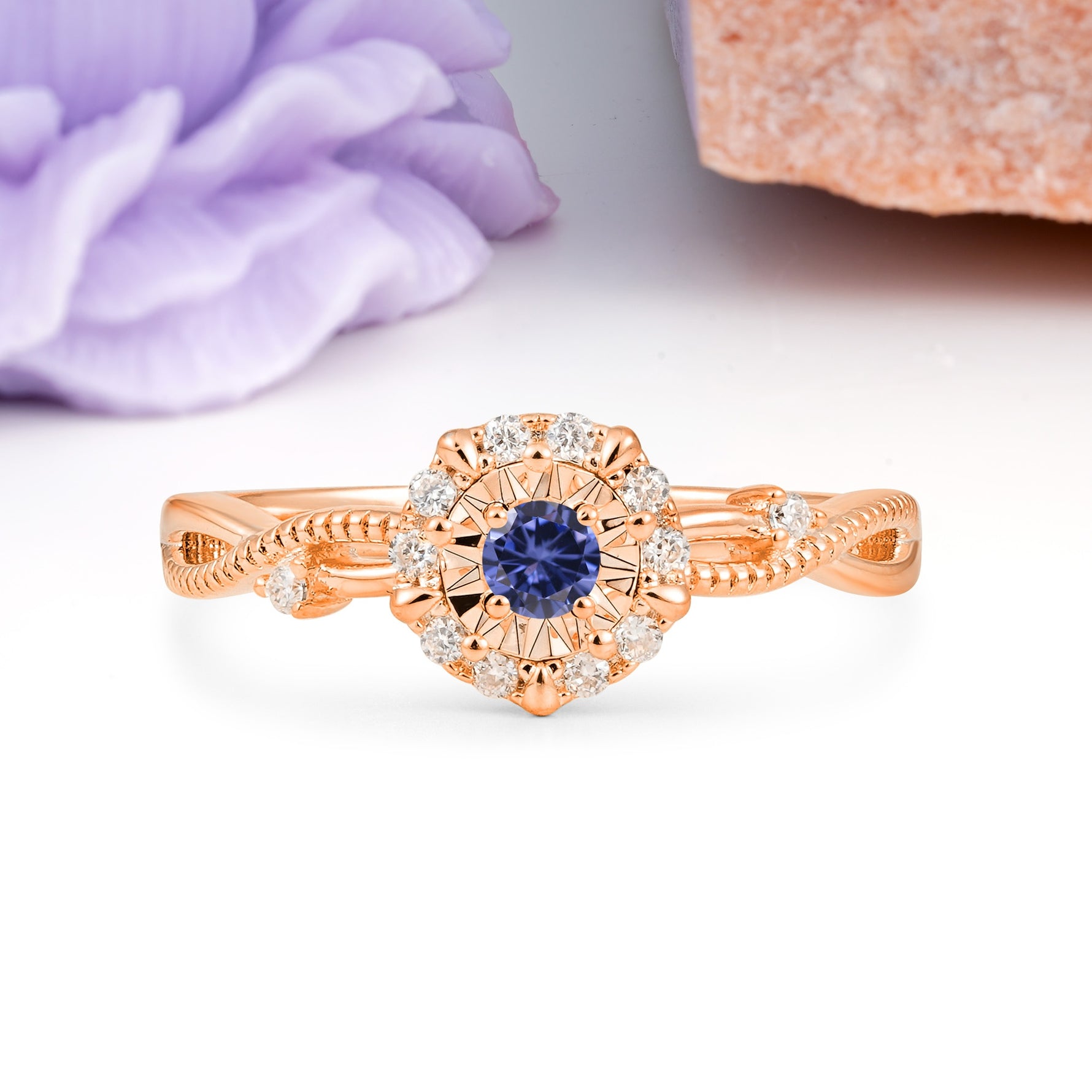 Unique, Luxurious, Twisted 4-Prong Round Cut Tanzanite Engagement Ring - Additional view
