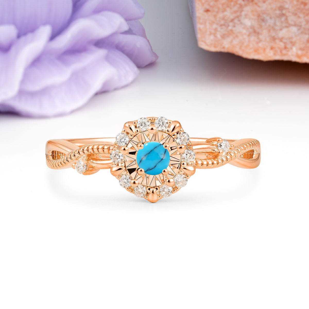 Unique, Luxurious, Twisted 4-Prong Round Cut Turquoise Engagement Ring - Additional view