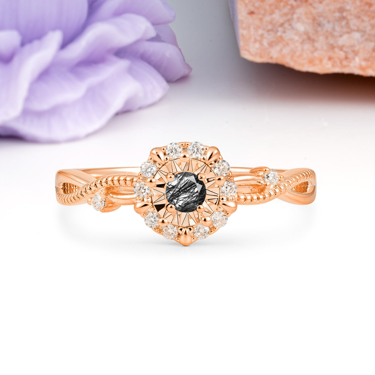 Unique, Luxurious, Twisted 4-Prong Round Cut Black Rutilated Quartz Engagement Ring - Additional view