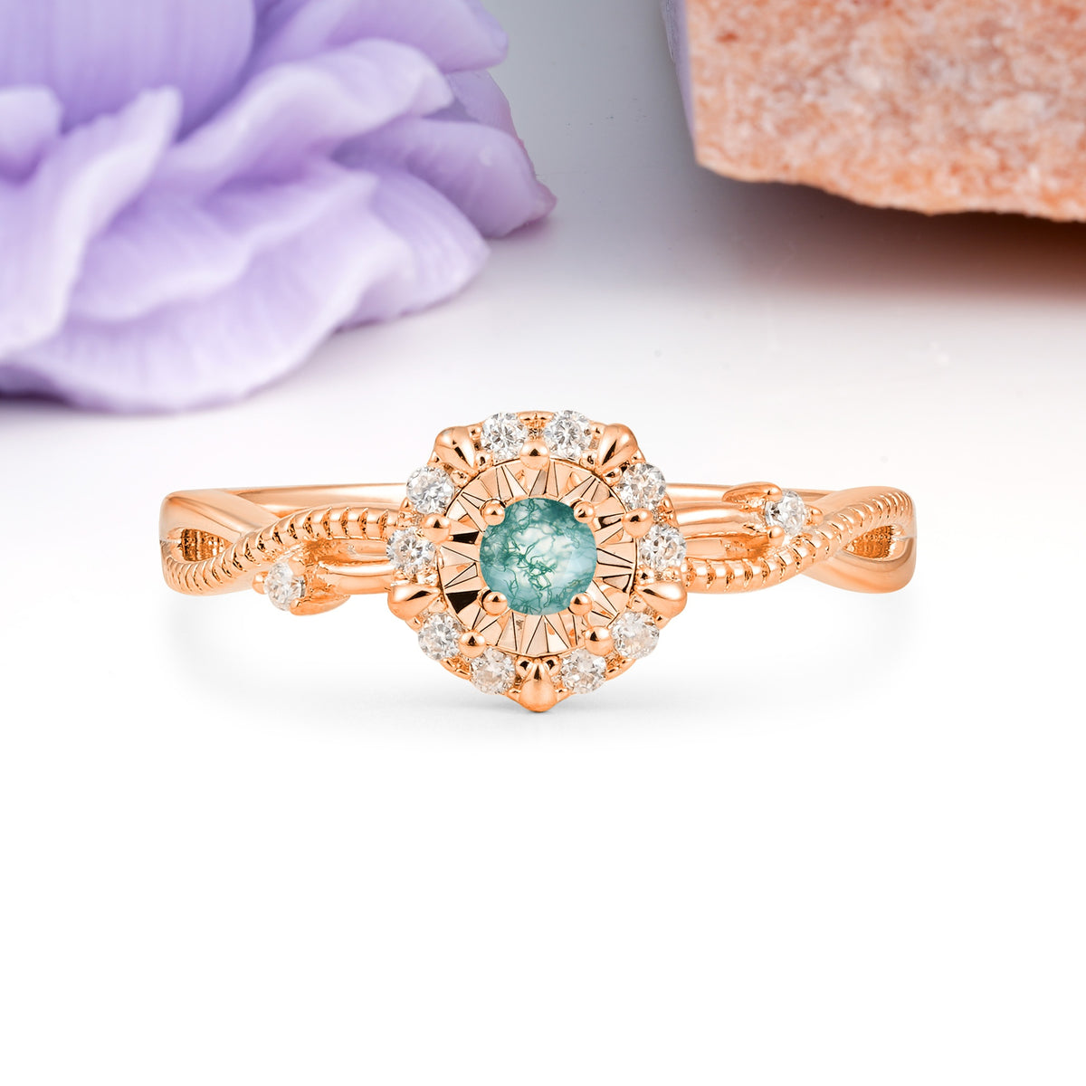 Unique, Luxurious, Twisted 4-Prong Round Cut Moss Agate Engagement Ring - Additional view
