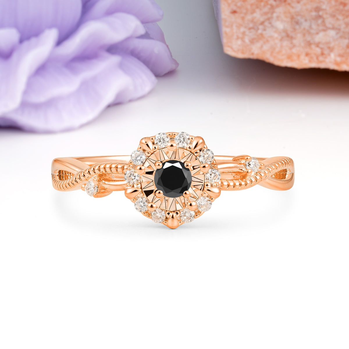 Unique, Luxurious, Twisted 4-Prong Round Cut Black Onyx Engagement Ring - Additional view