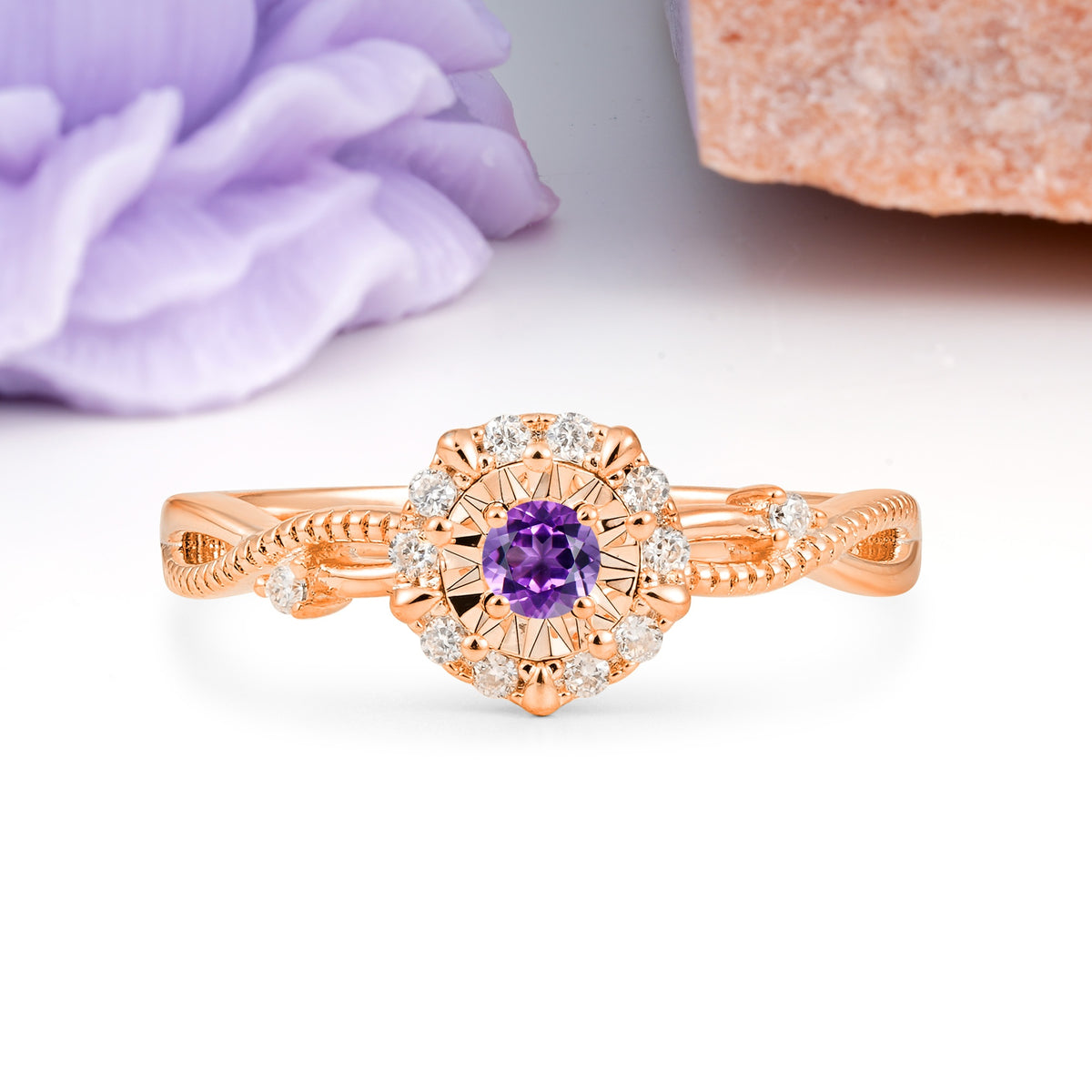 Unique, Luxurious, Twisted 4-Prong Round Cut Amethyst Engagement Ring - Additional view