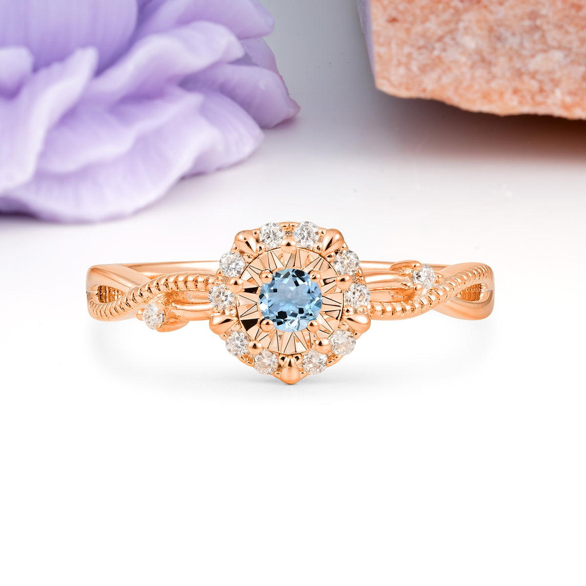 Unique, Luxurious, Twisted 4-Prong Round Cut Aquamarine Engagement Ring - Additional view