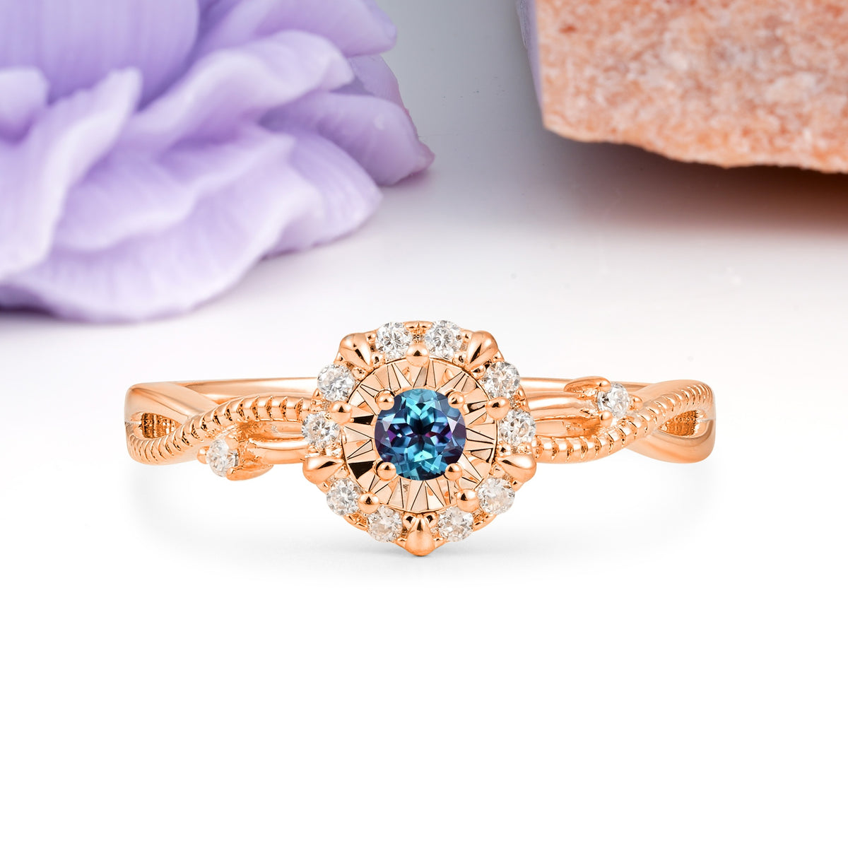 Unique, Luxurious, Twisted 4-Prong Round Cut Alexandrite Engagement Ring - Additional view
