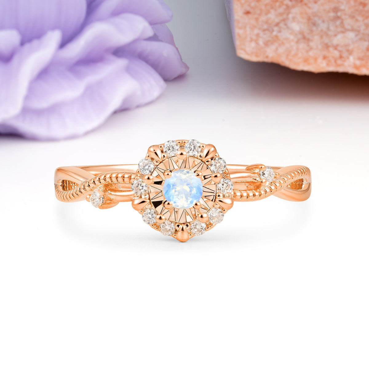 Unique, Luxurious, Twisted 4-Prong Round Cut Moonstone Engagement Ring - Additional view