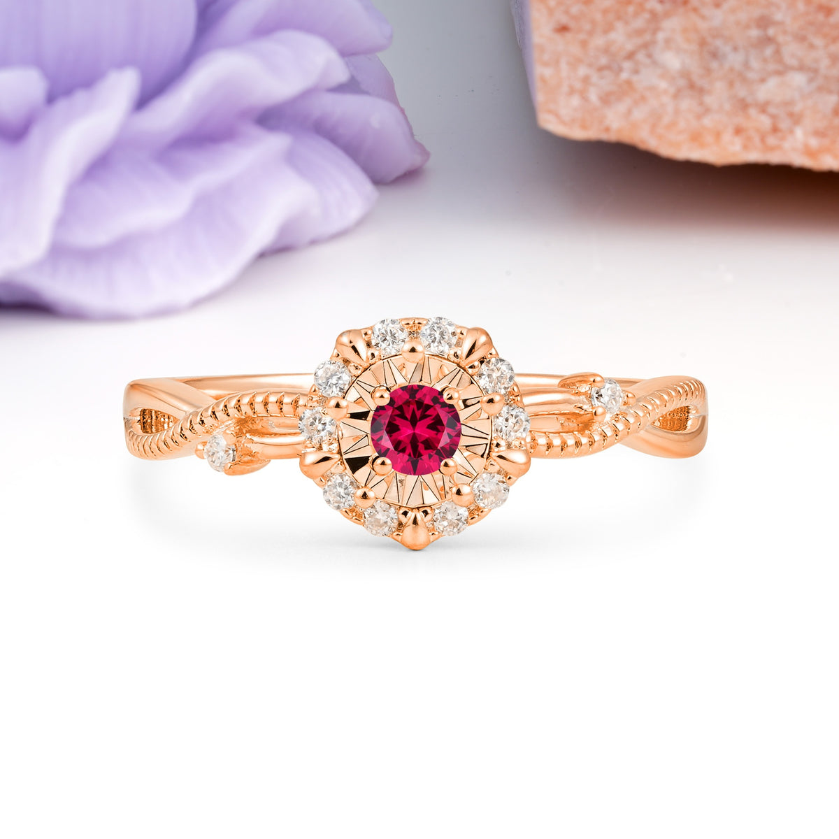 Unique, Luxurious, Twisted 4-Prong Round Cut Ruby Engagement Ring - Additional view