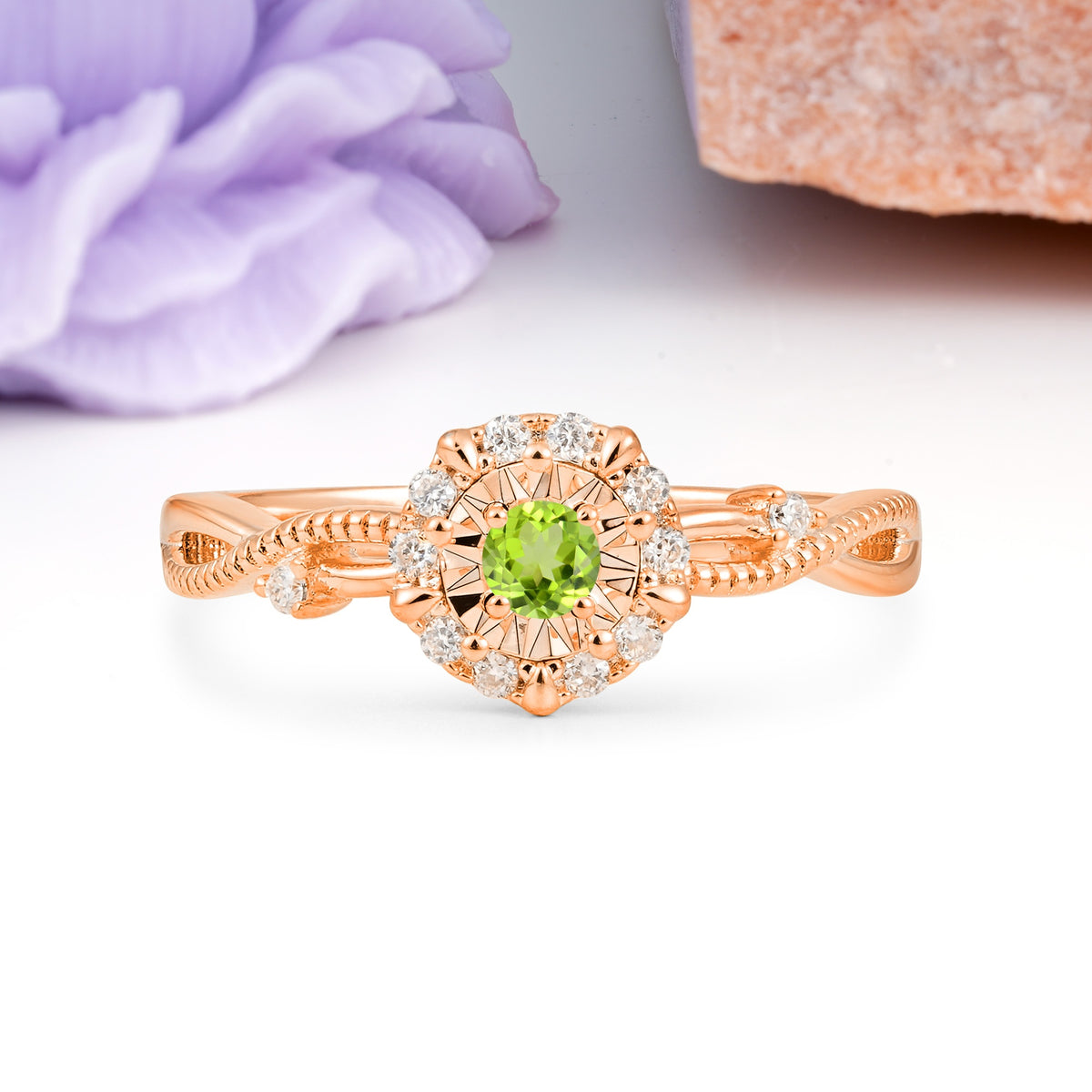 Unique, Luxurious, Twisted 4-Prong Round Cut Peridot Engagement Ring - Additional view