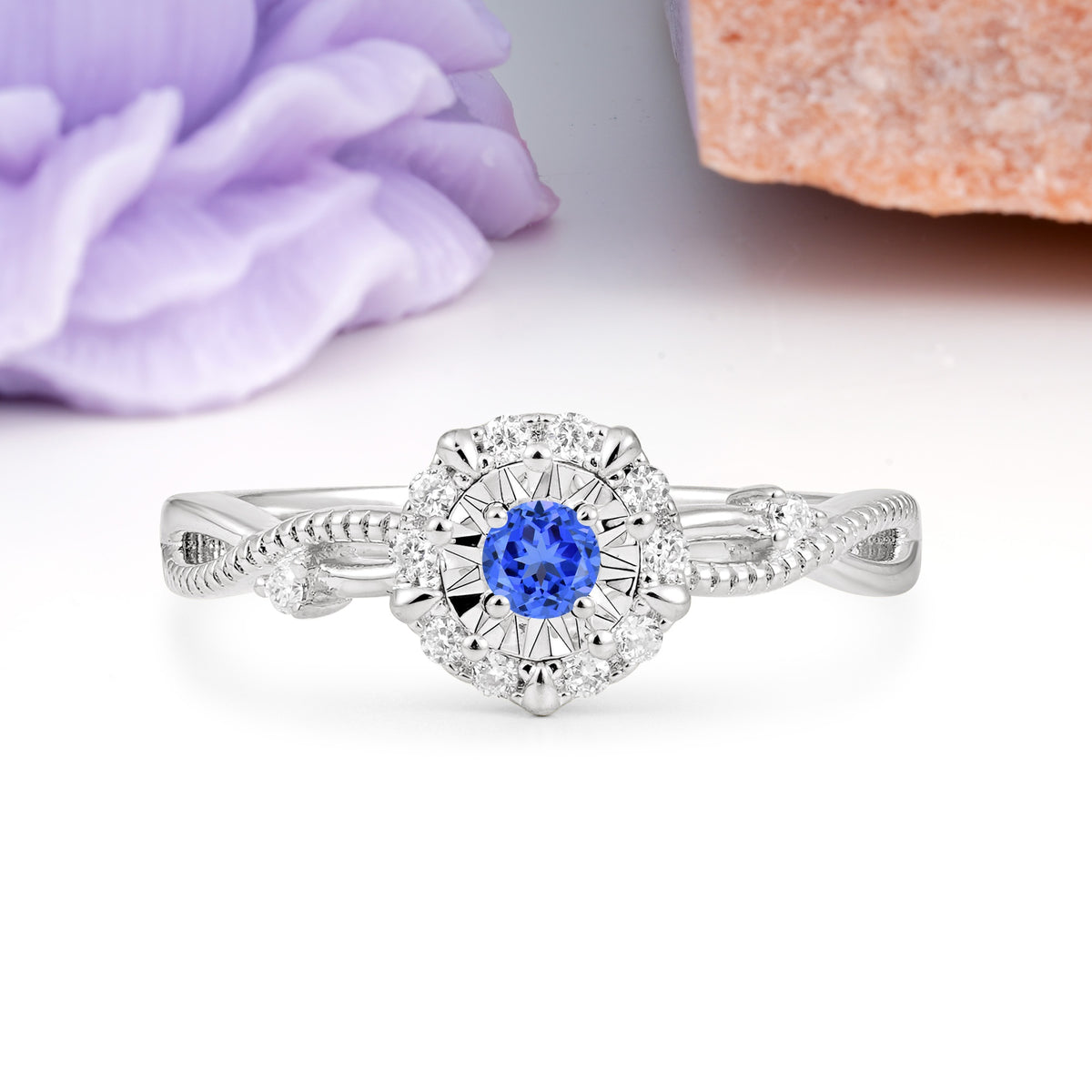 Unique, Luxurious, Twisted 4-Prong Round Cut Sapphire Engagement Ring - Additional view