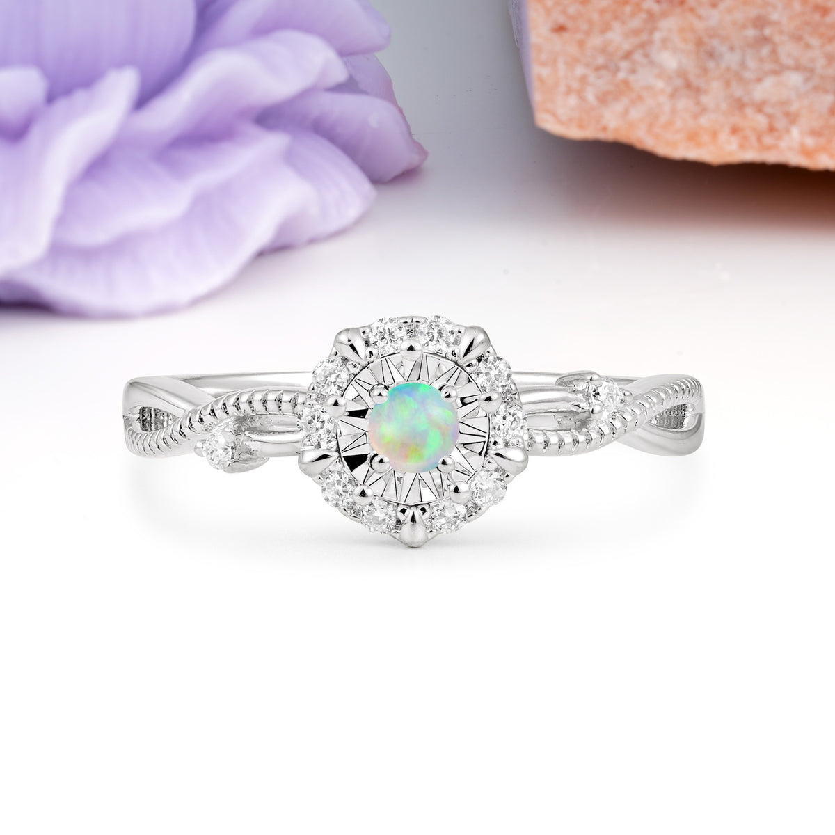 Unique, Luxurious, Twisted 4-Prong Round Cut Fire Opal Engagement Ring - Additional view