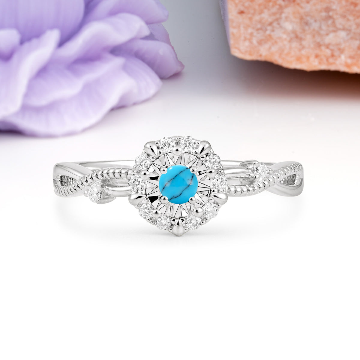 Unique, Luxurious, Twisted 4-Prong Round Cut Turquoise Engagement Ring - Additional view