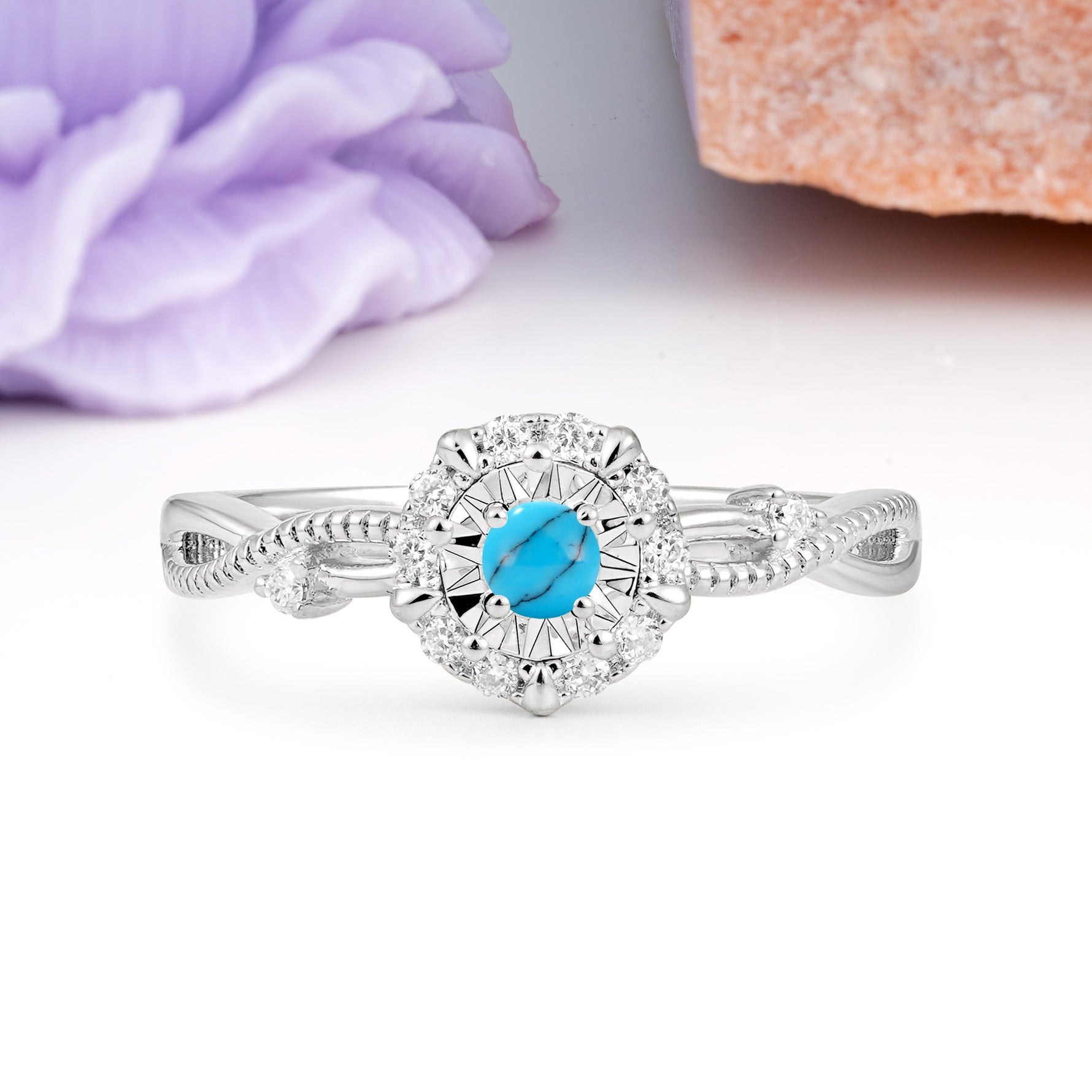 Unique, Luxurious, Twisted 4-Prong Round Cut Turquoise Engagement Ring - Additional view