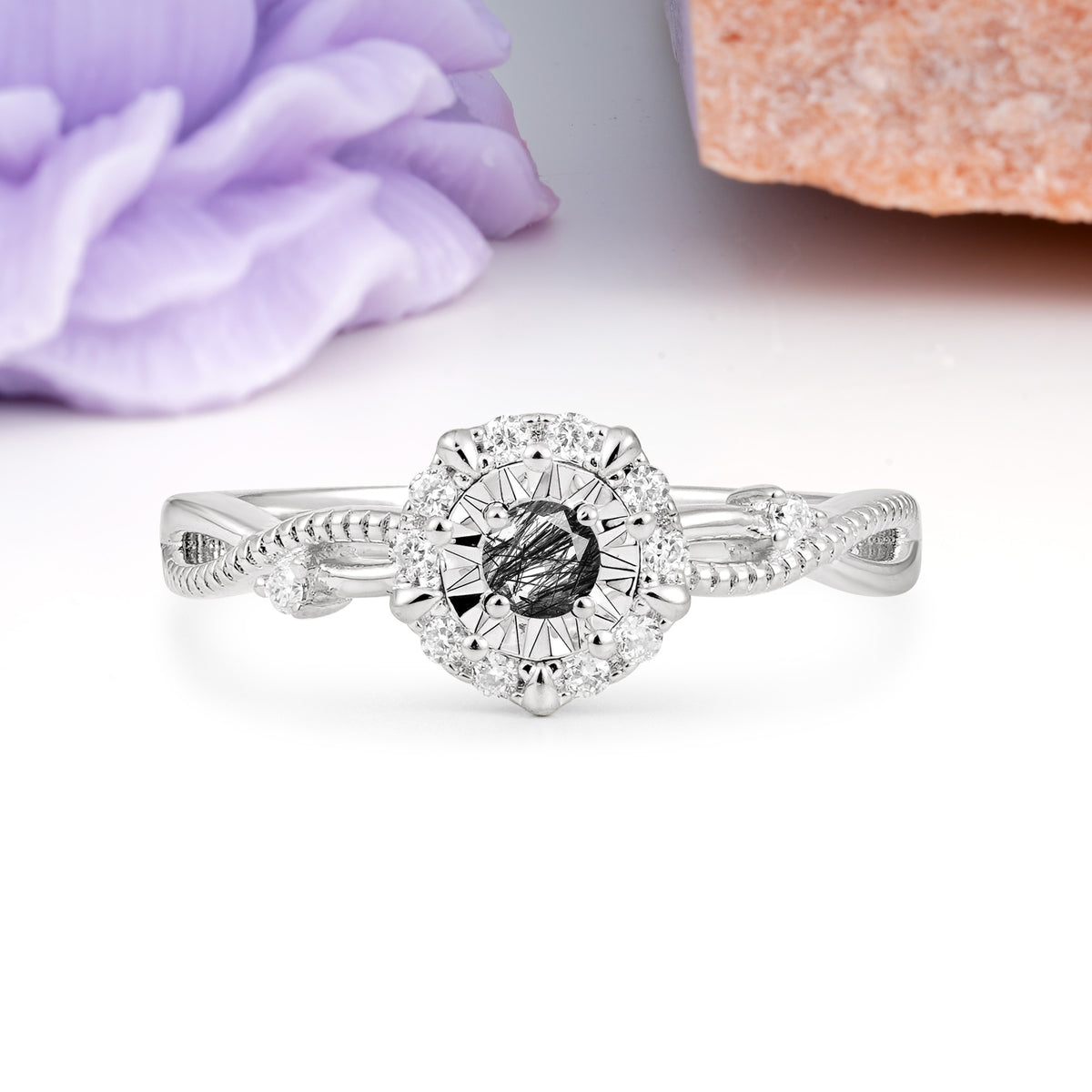 Unique, Luxurious, Twisted 4-Prong Round Cut Black Rutilated Quartz Engagement Ring - Additional view