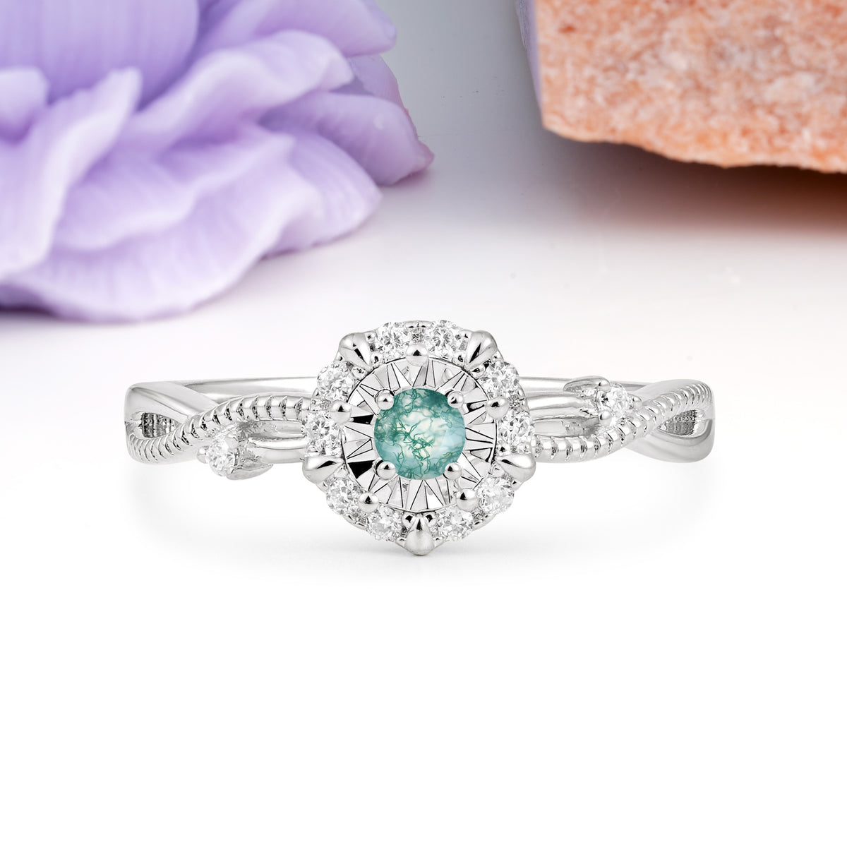 Unique, Luxurious, Twisted 4-Prong Round Cut Moss Agate Engagement Ring - Additional view