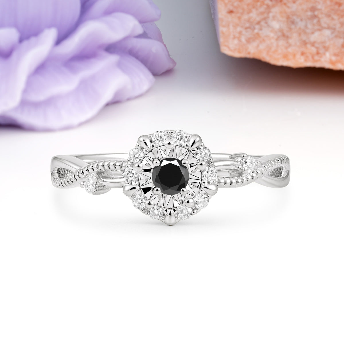 Unique, Luxurious, Twisted 4-Prong Round Cut Black Onyx Engagement Ring - Additional view