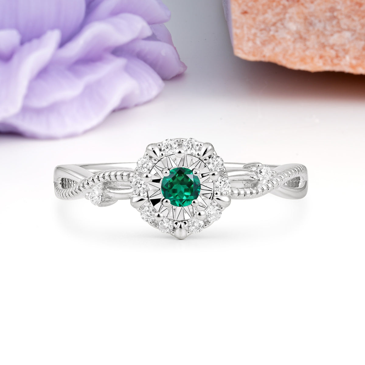 Unique, Luxurious, Twisted 4-Prong Round Cut Emerald Engagement Ring - Additional view
