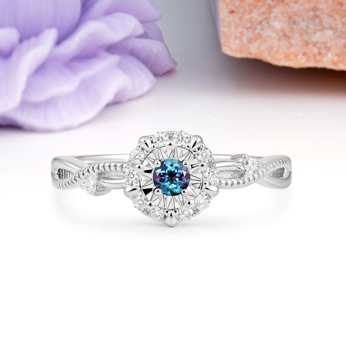 Unique, Luxurious, Twisted 4-Prong Round Cut Alexandrite Engagement Ring - Additional view