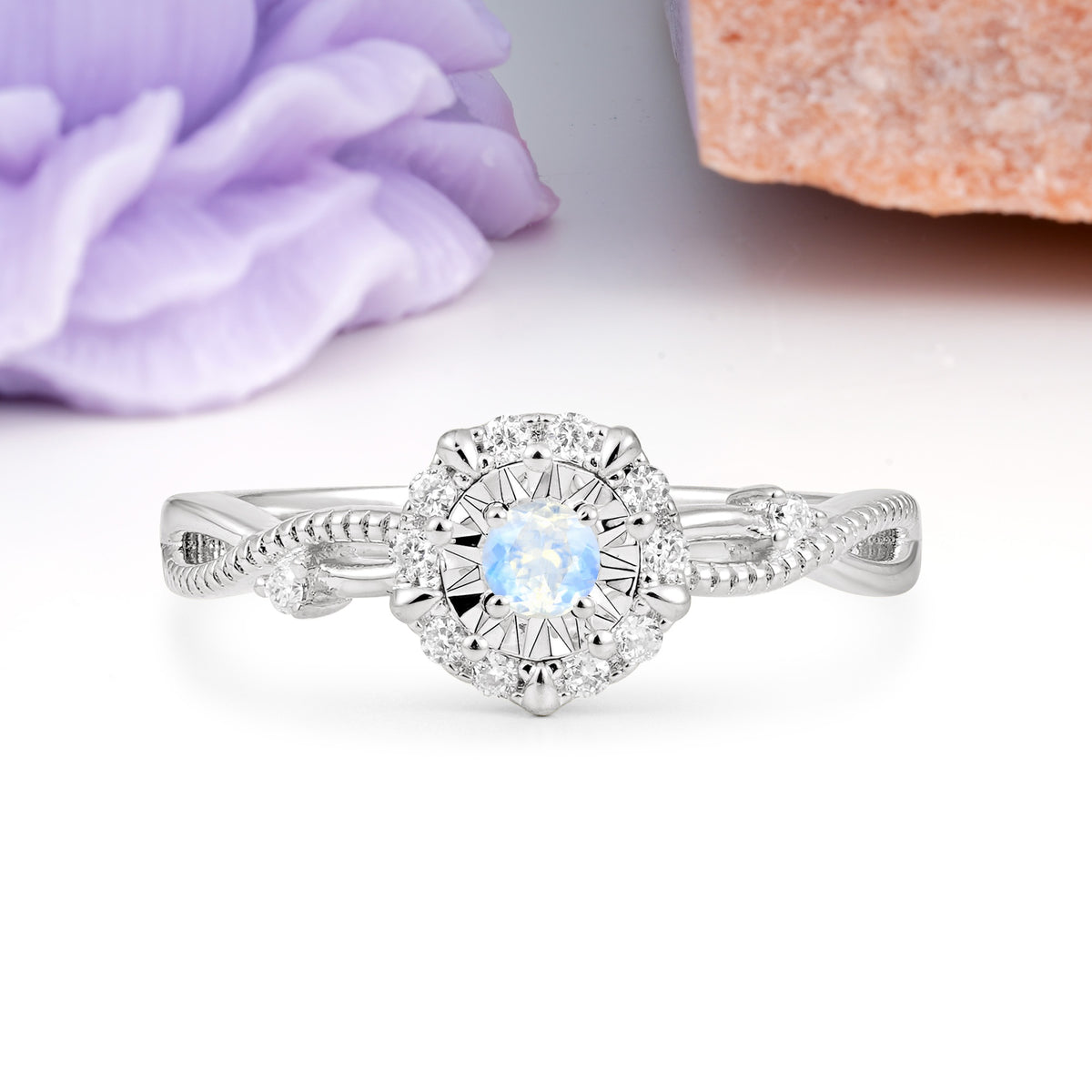 Unique, Luxurious, Twisted 4-Prong Round Cut Moonstone Engagement Ring - Additional view