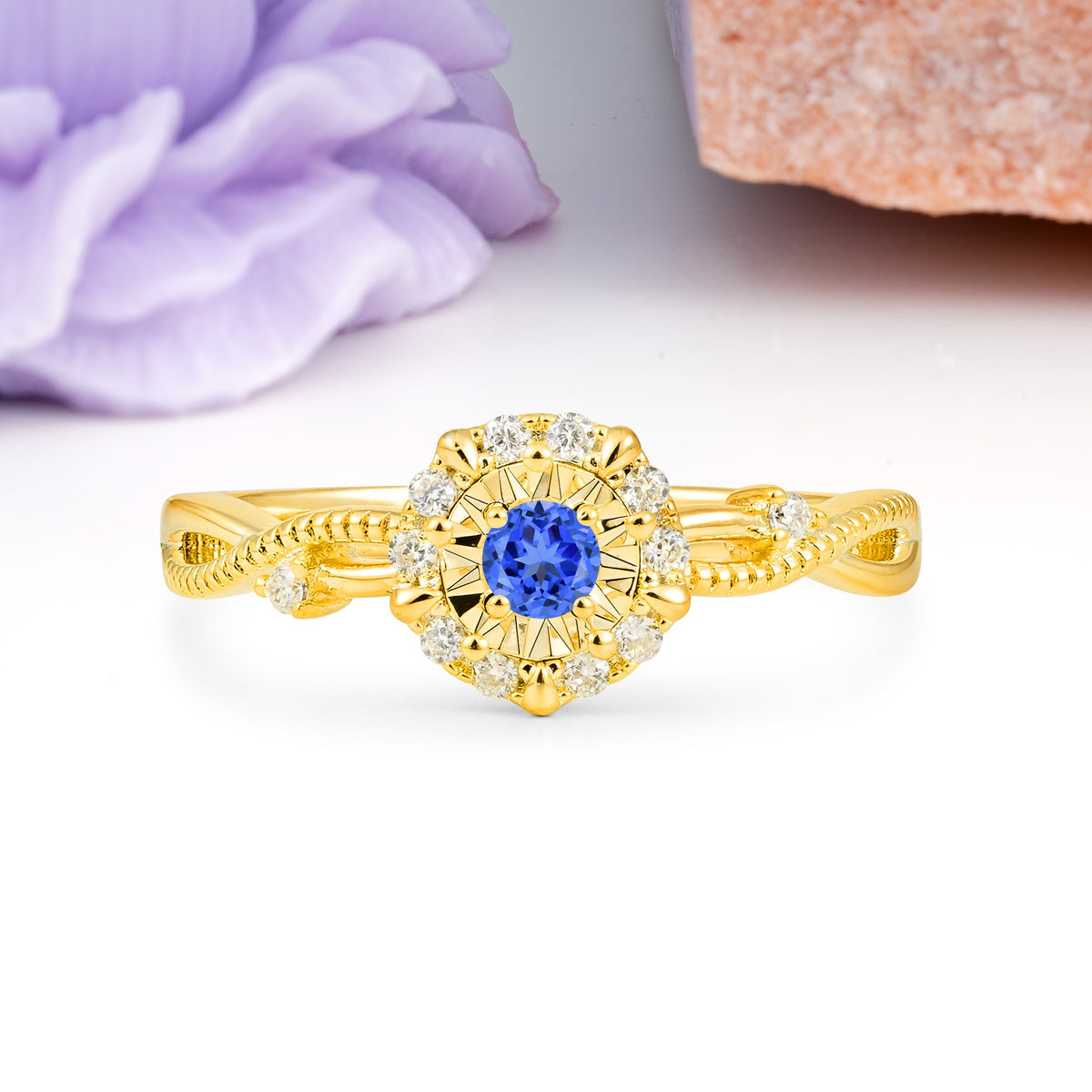 Unique, Luxurious, Twisted 4-Prong Round Cut Sapphire Engagement Ring - Additional view