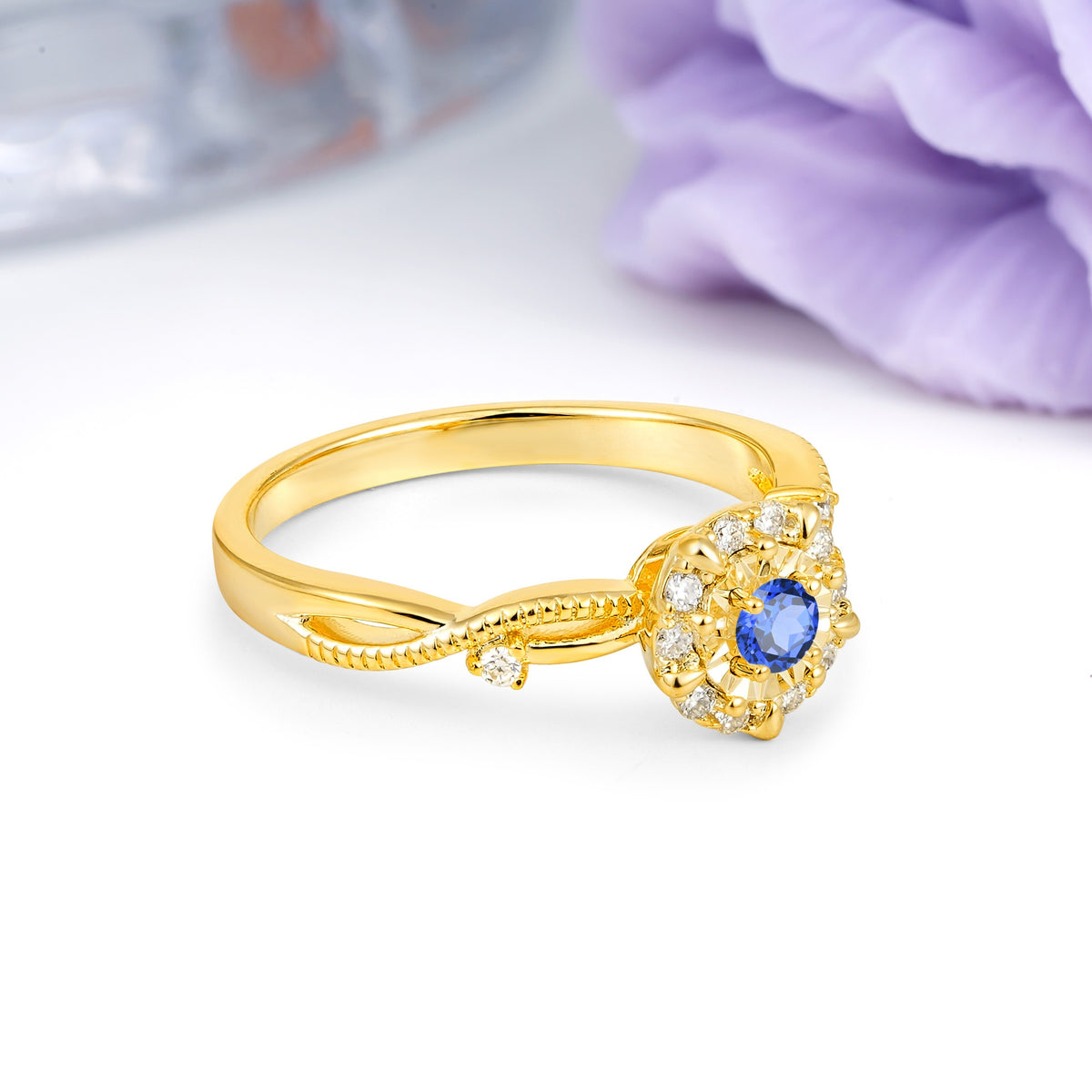Unique, Luxurious, Twisted 4-Prong Round Cut Sapphire Engagement Ring - Additional view