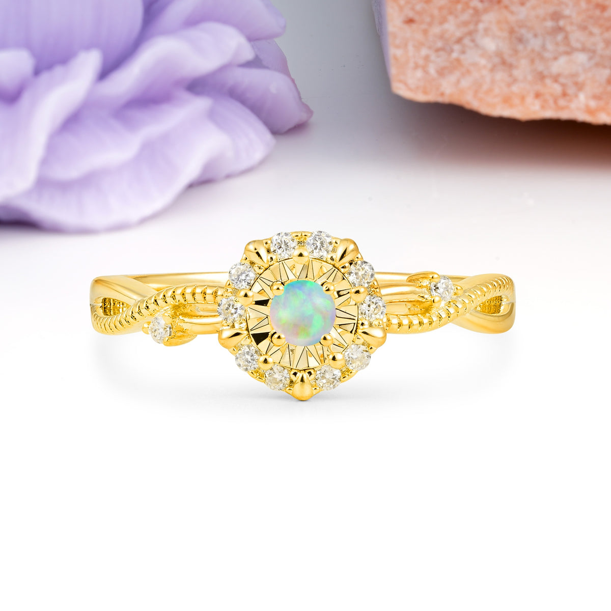 Unique, Luxurious, Twisted 4-Prong Round Cut Fire Opal Engagement Ring - Additional view