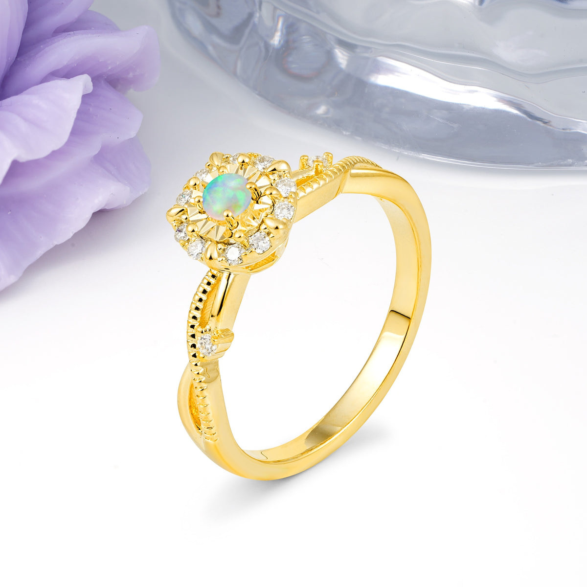 Unique, Luxurious, Twisted 4-Prong Round Cut Fire Opal Engagement Ring - Additional view