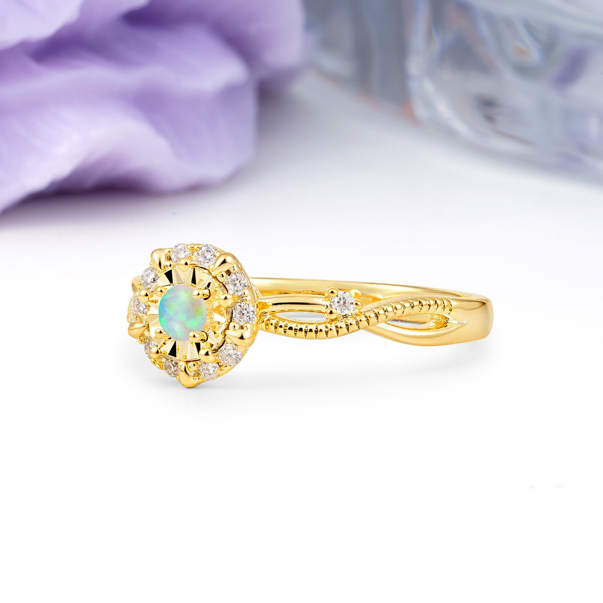 Unique, Luxurious, Twisted 4-Prong Round Cut Fire Opal Engagement Ring - Additional view