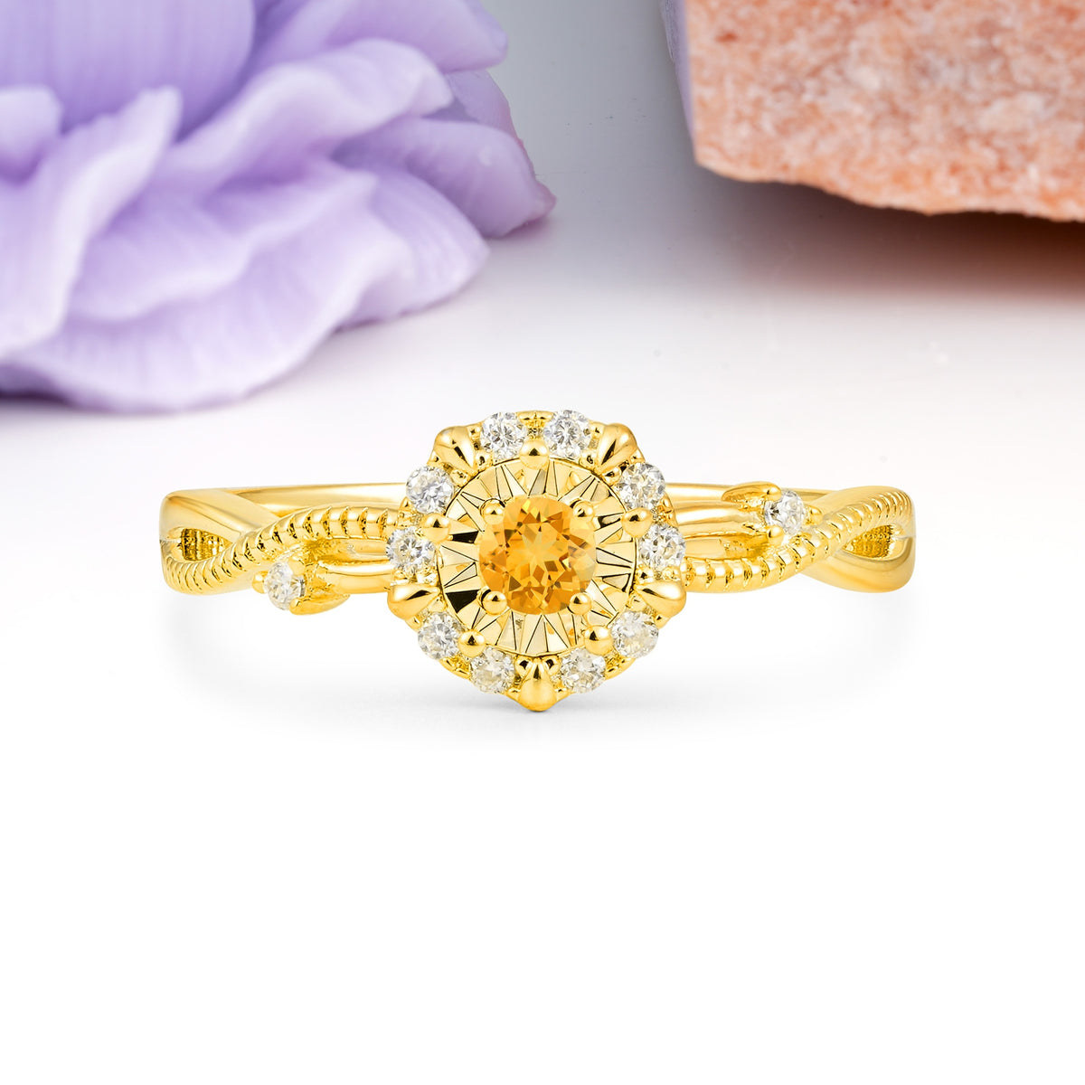 Unique, Luxurious, Twisted 4-Prong Round Cut Citrine Engagement Ring - Additional view